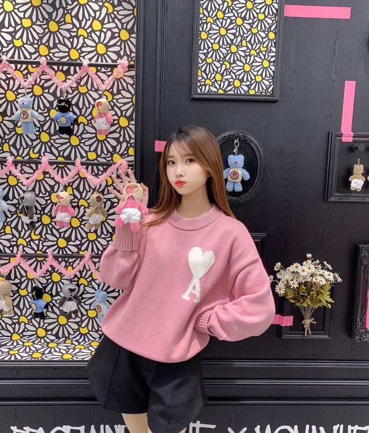 AMI Paris Heart Letter Knit Sweater in Pink