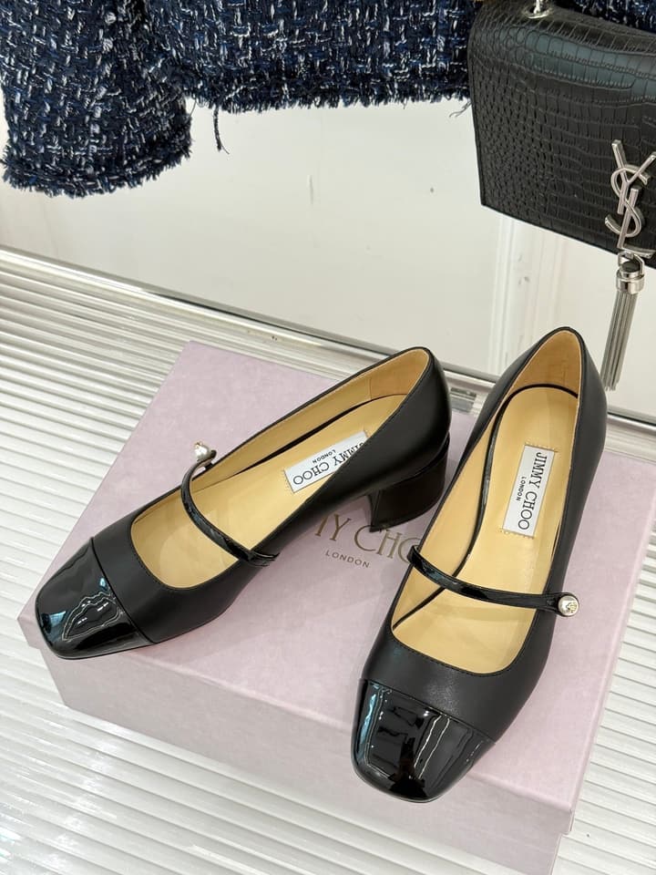 Jimmy Choo Color-block Pearl Mary Jane Heels – 25FW in Black Bow Detail