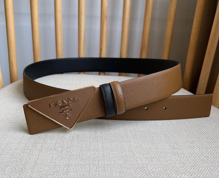 Prada Triangle Logo Buckle Belt in Classic Camel Leather