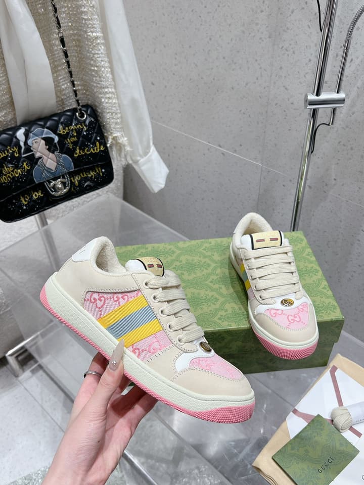 Gucci Screener Series Chunky Unisex Sneakers in Beige With Pastel Stripe And Pink Toe