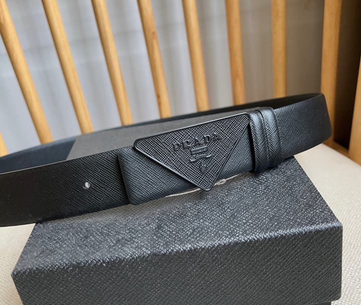 Prada Triangle Logo Buckle Belt in Black Textured Leather With Black Buckle