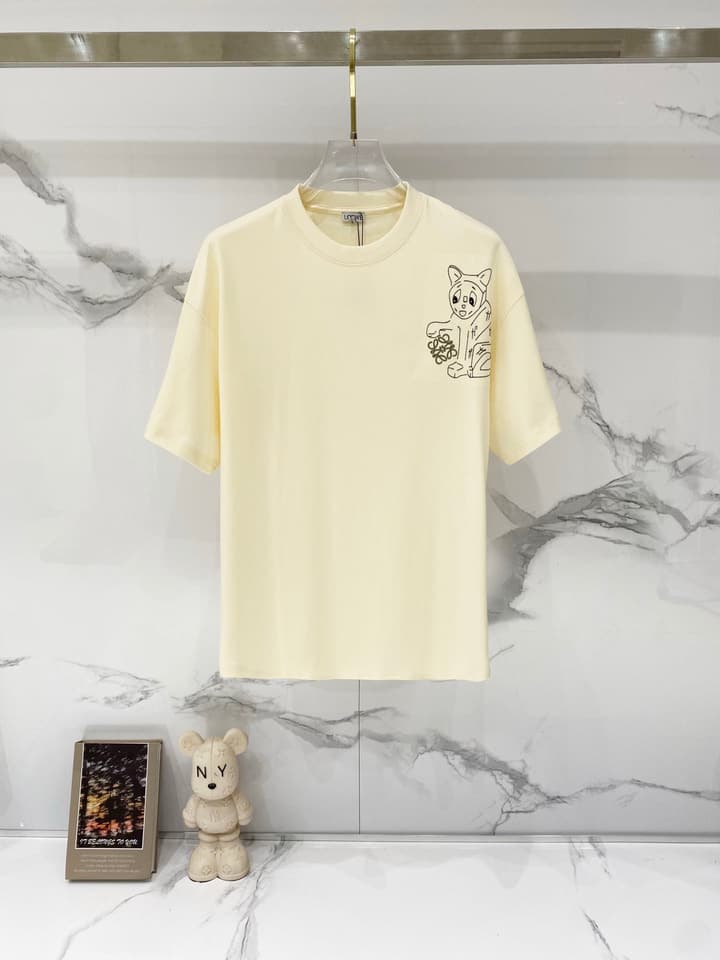 Loewe Cat Embroidery Cotton T-Shirt in Apricot