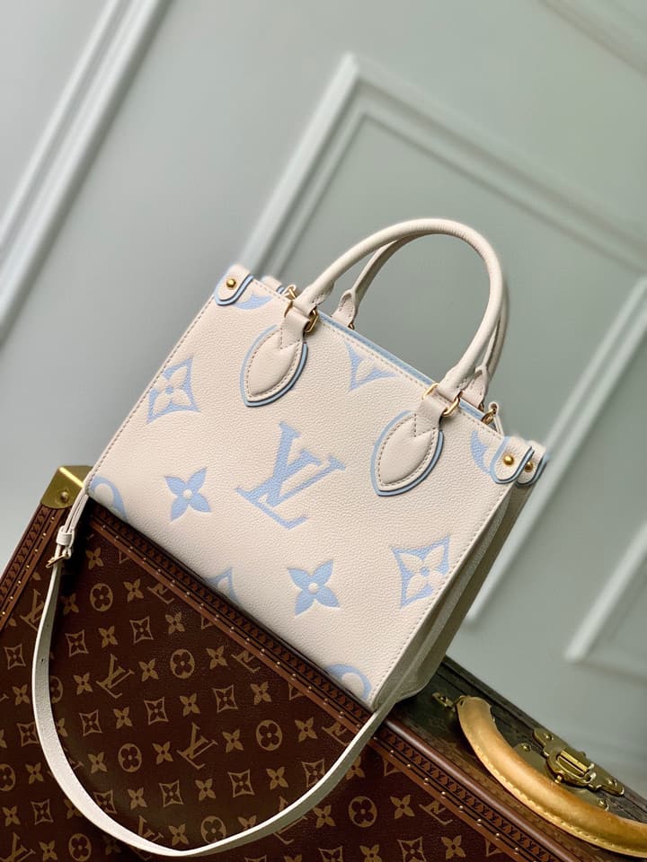 Louis Vuitton ONTHEGO Small Monogram Tote Bag in Cream With Blue Monogram
