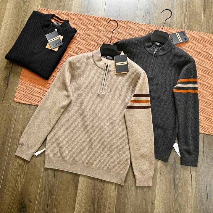 Zegna Men's Half-Zip Stand-Collar Sweater – 25FW in Camel Taupe