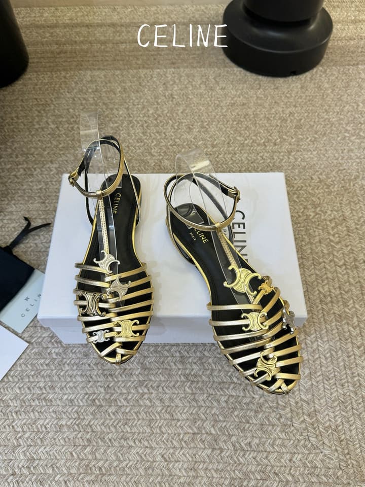 Celine Triomphe Ankle Strap Sandals – Spring/Summer Collection in Black - Large Logo Flats