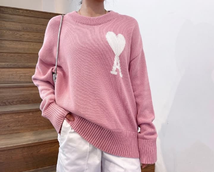 AMI Paris Heart Letter Knit Sweater in Pink
