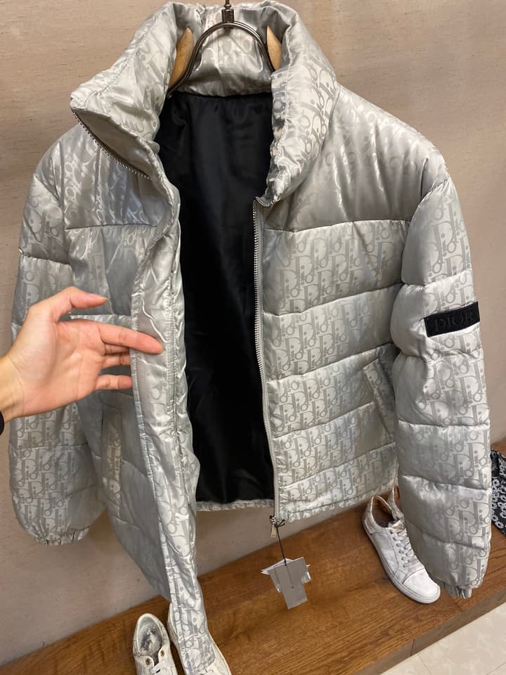 Dior Jacquard Logo Unisex Down Puffer Jacket in Dark Gray Jacquard