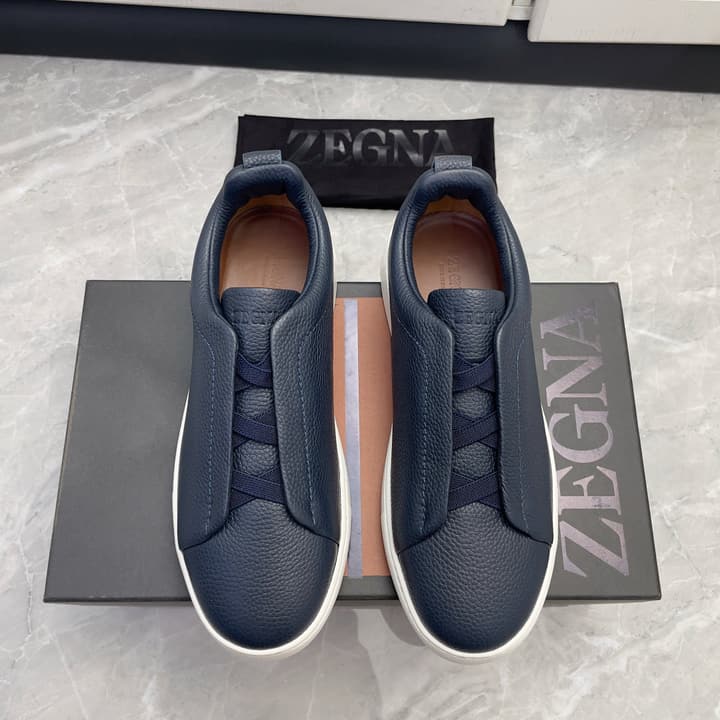 Zegna Triple Stitch Low-Top Sneakers in Navy Blue