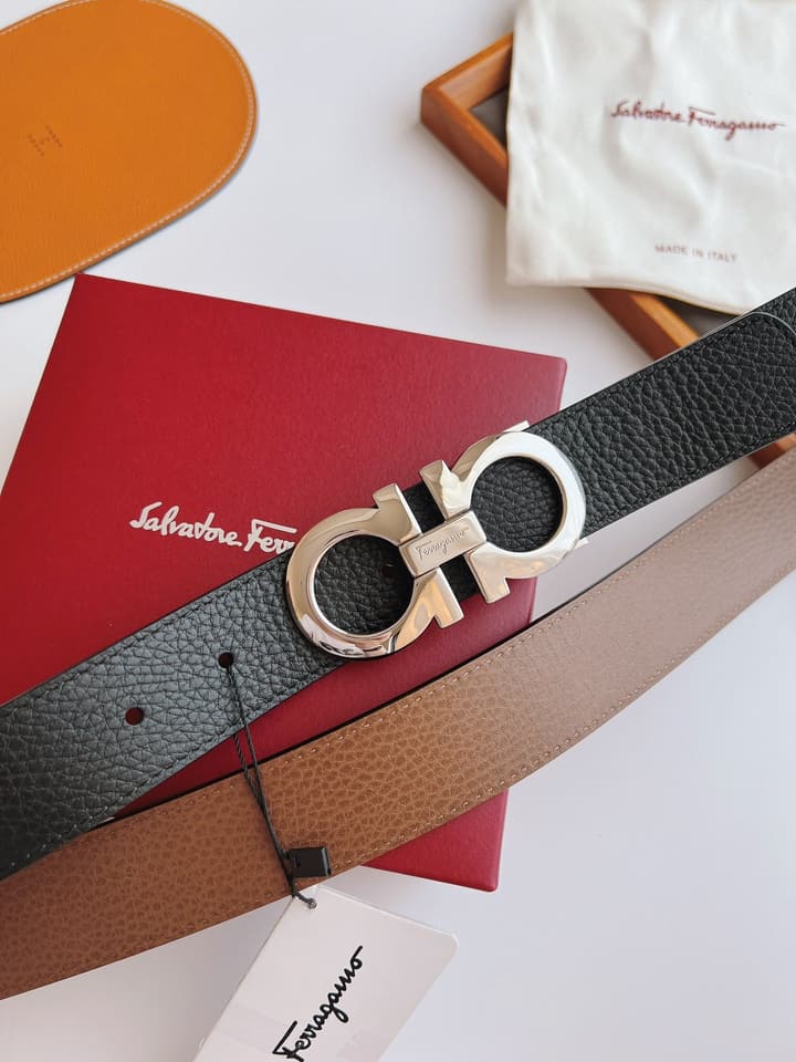 Ferragamo Men's Reversible Leather Belt in Black/brown Reversible With Gold Buckle