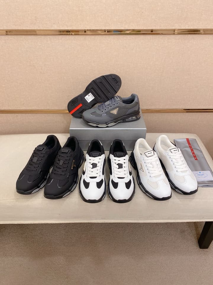 Prada Men's Leather Mesh Sneakers – New Collection in Light Grey With White Logo