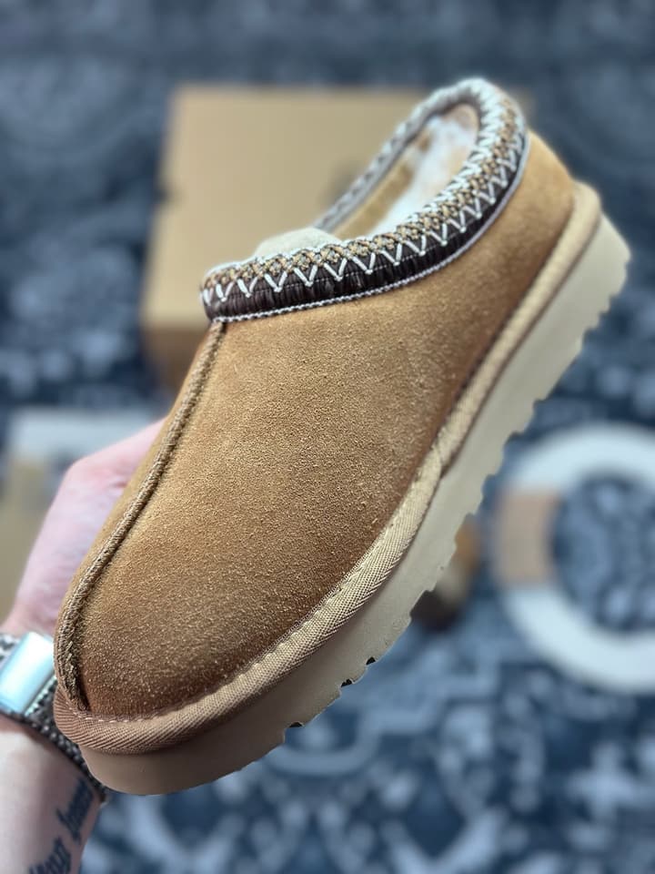 UGG Tazz Thin Sole Sheepskin Snow Boots in Black With White Patterned Trim