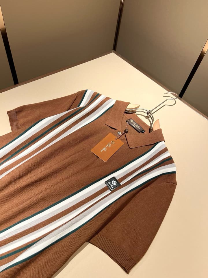 Loro Piana Men's Knit Polo Shirt – Spring/Summer 2025 in Brown Striped Knit Polo