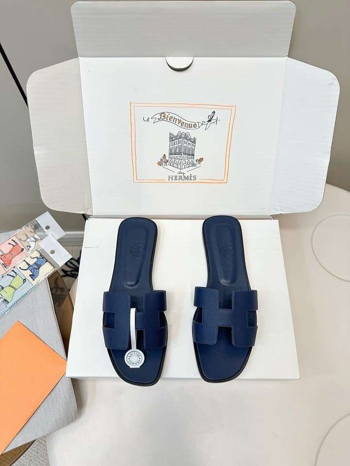 Hermès Palm Grain H-Slides in Bright Green