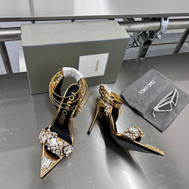 Tom Ford Gold Crystal Heeled Sandals in Metallic Gold