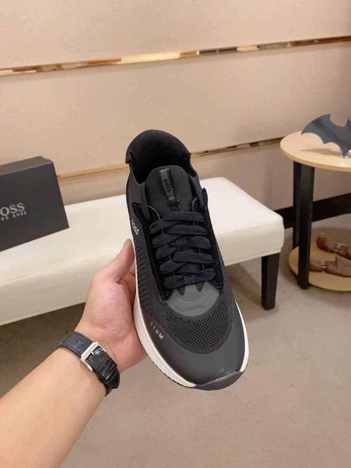 Boss Latest Casual Fly-Knit Sneakers in Black With Gold Accents