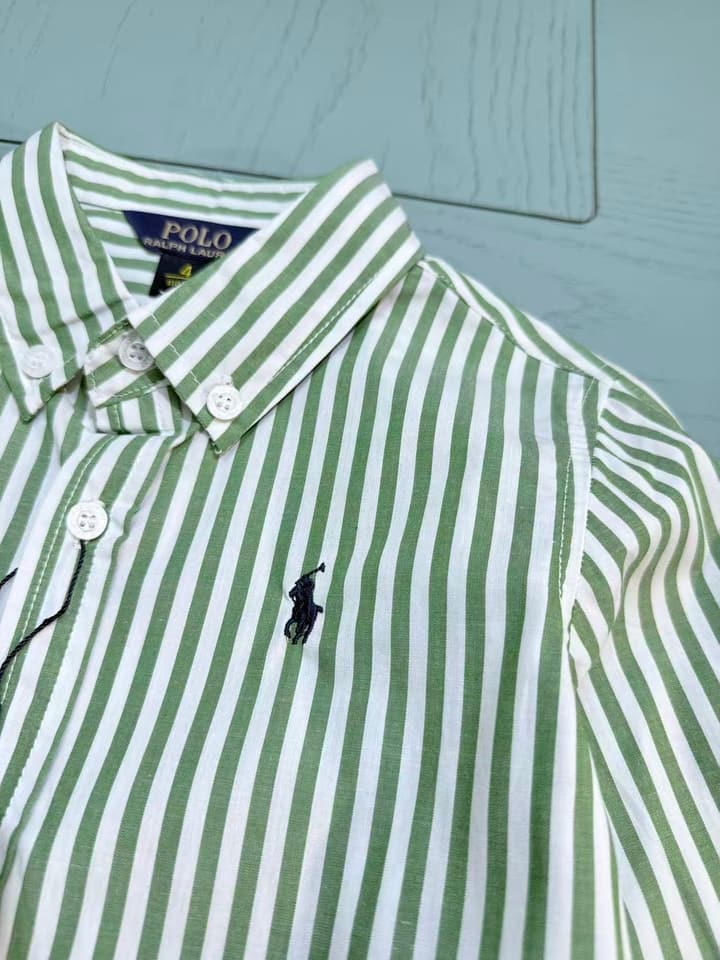 Ralph Lauren Classic Embroidered Logo Shirt – Kids Collection – 2025SS in White And Sage Green Stripe