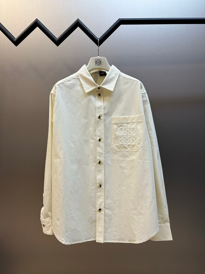 Loewe Embroidered Pocket Lyocell Long-Sleeve Shirt in Off-White