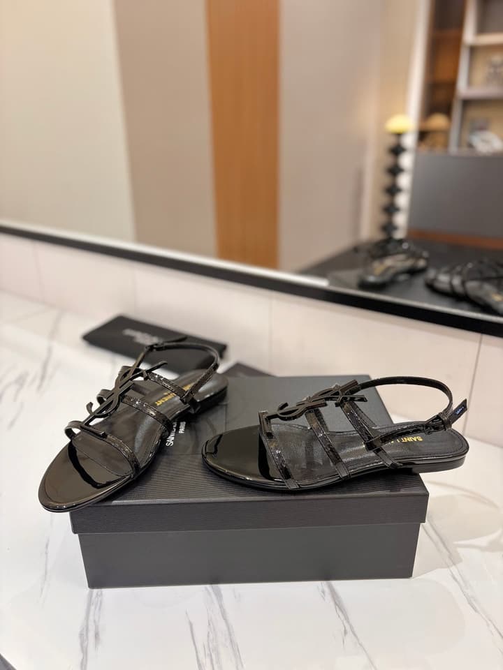Saint Laurent YSL Metal Logo Heeled Sandals in Matte Black Criss-cross Strap Sandal