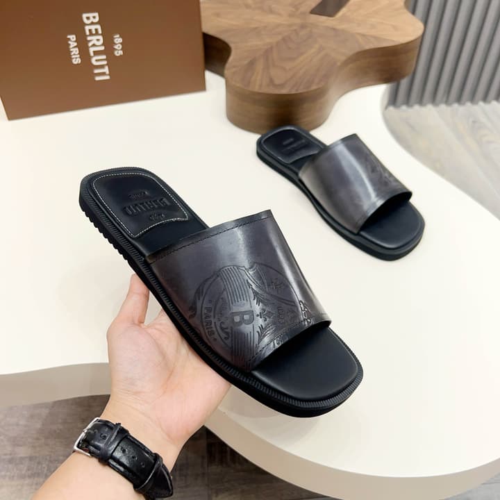Berluti Hand-Painted Calfskin Slippers in Matte Black