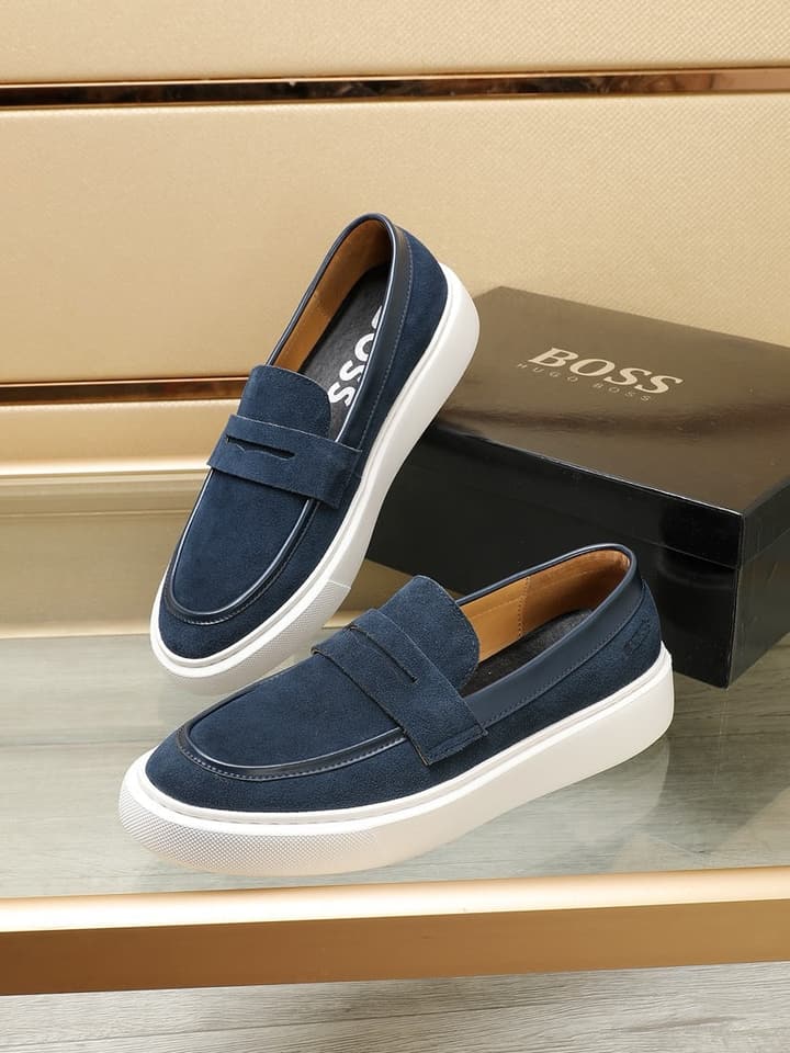 Boss Men's Luxury Leather Slip-On Loafers in Black Smooth Leather