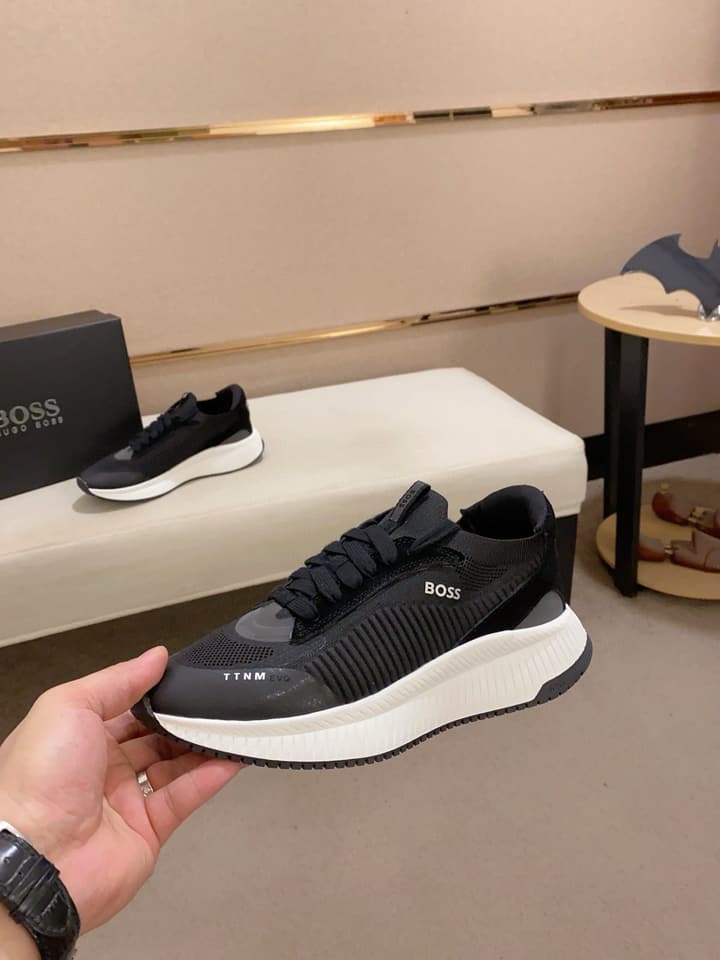 Boss Latest Casual Fly-Knit Sneakers in Black With Gold Accents