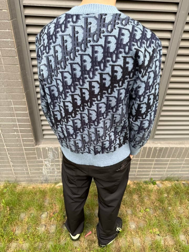 Dior Oblique Jacquard Wool Crewneck Sweater – 2026SS in Navy Oblique With Light Blue Trim