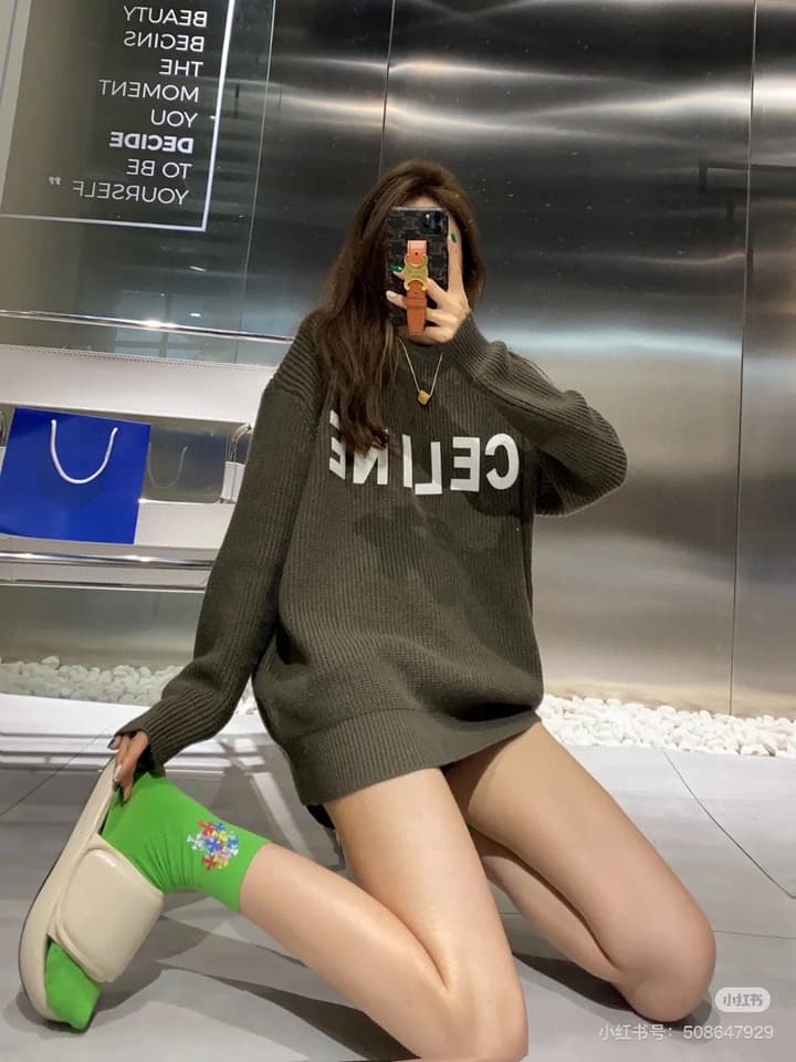 Celine Classic Embroidered Crewneck Sweater in Army Green
