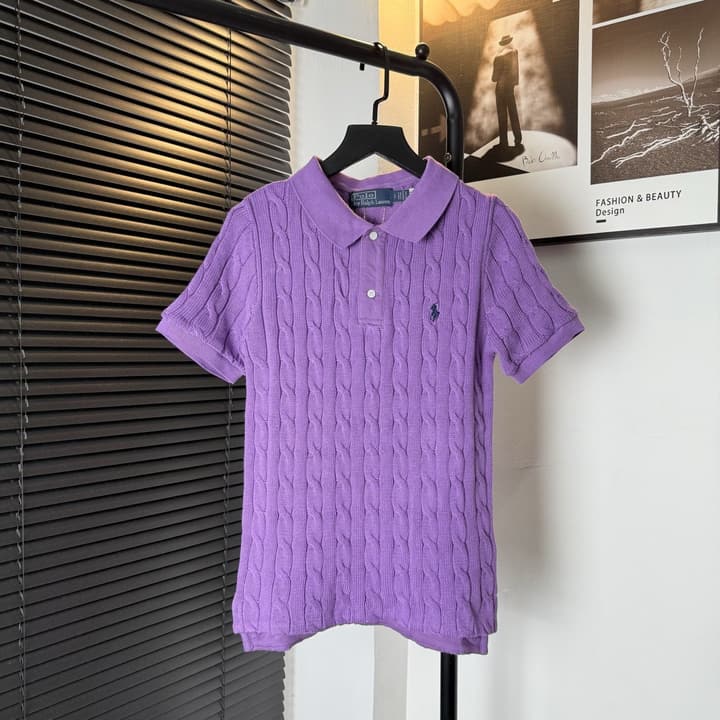 Ralph Lauren Pony Embroidered Cable-Knit Polo Shirt in Baby Blue