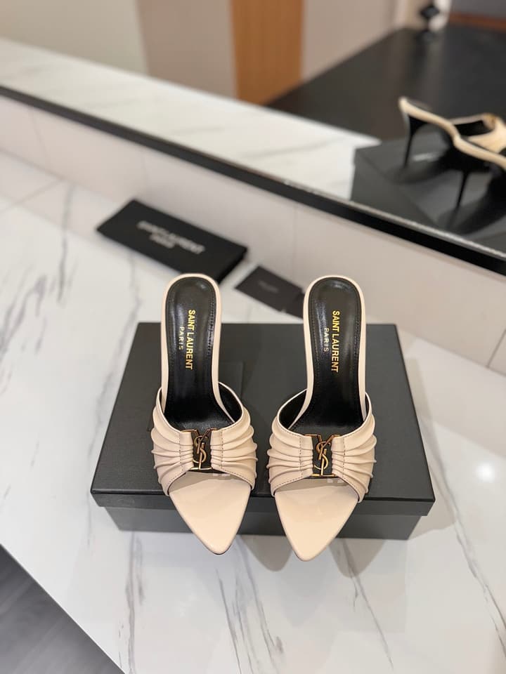 Saint Laurent Crystal Chain Heeled Sandals – 2025 Spring/Summer Collection in Beige