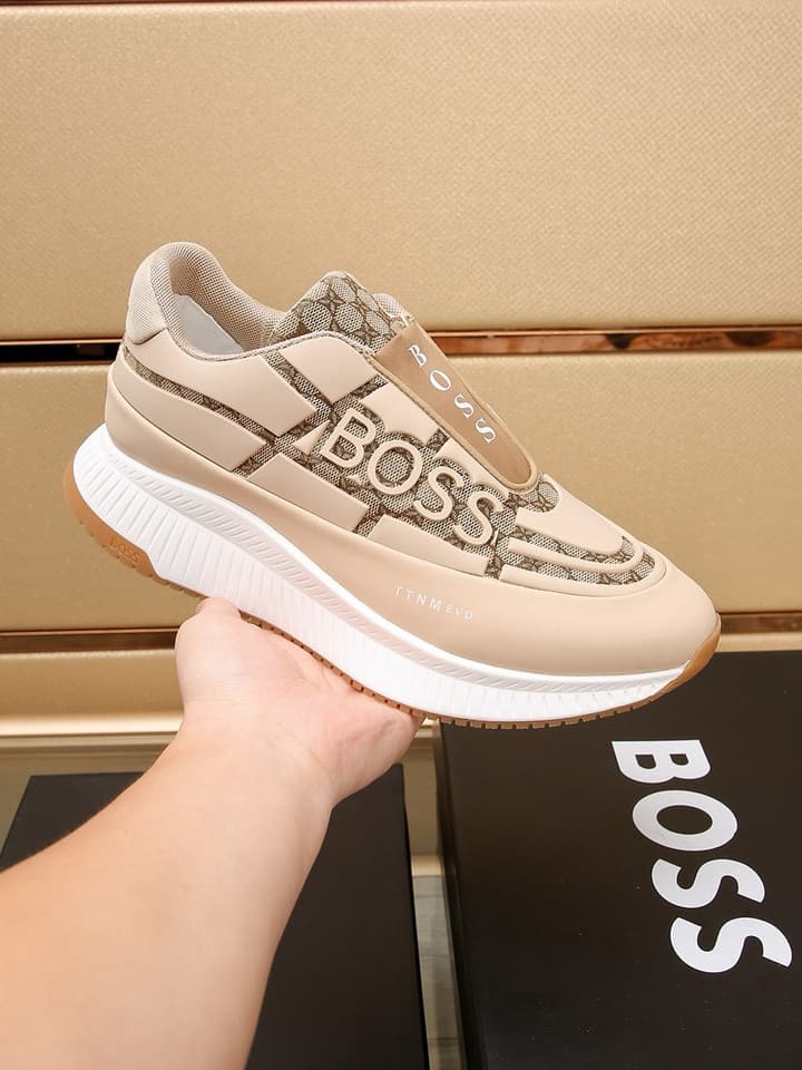 Boss New Men's Luxury Athletic Sneakers in Black With White Detail