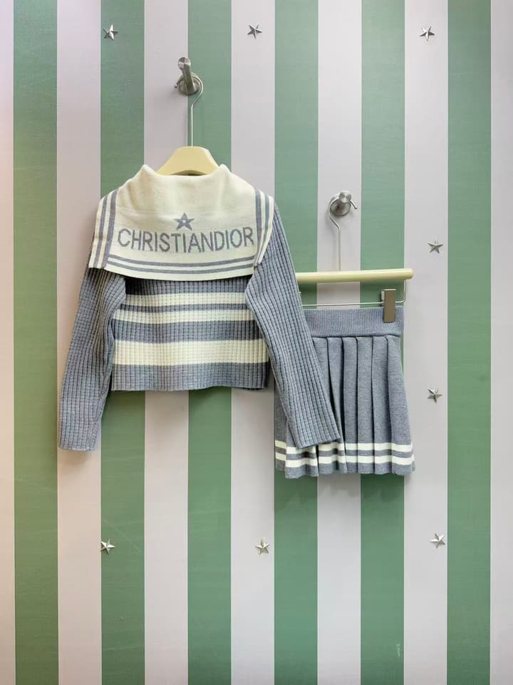 Dior Girls' Knit Cardigan and Skirt Set – 2025SS in Navy Blue With White Stripe