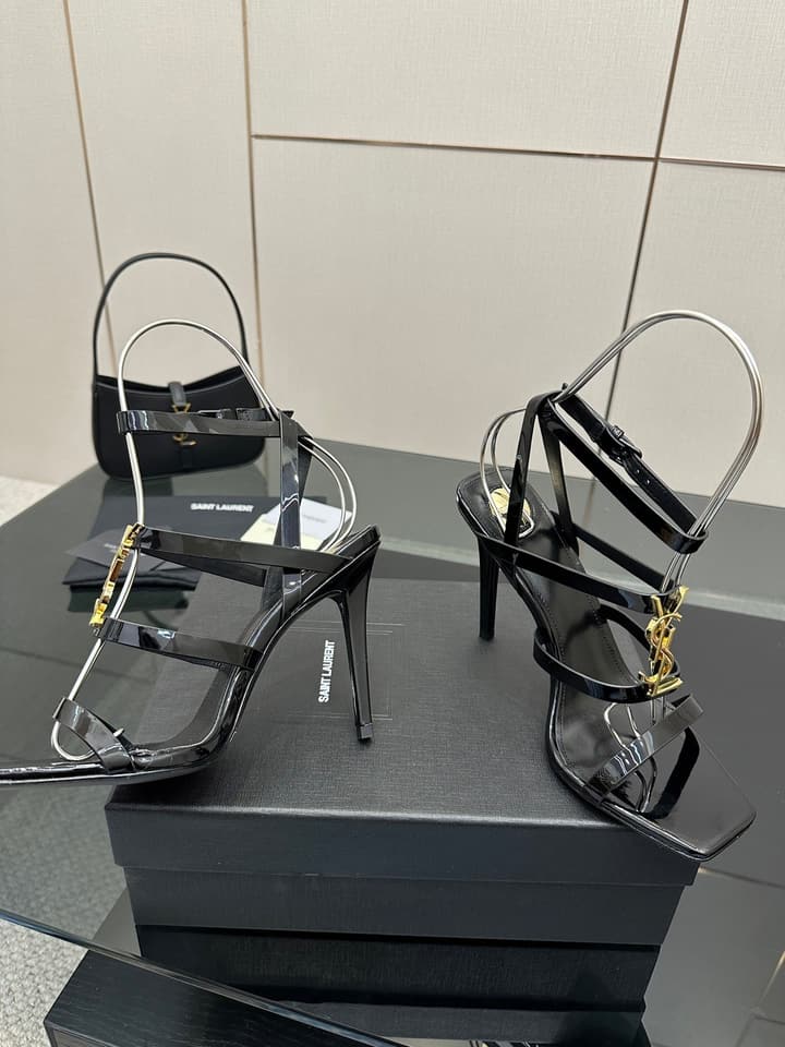 Saint Laurent Patent Leather Heeled Sandals in Bright Amber