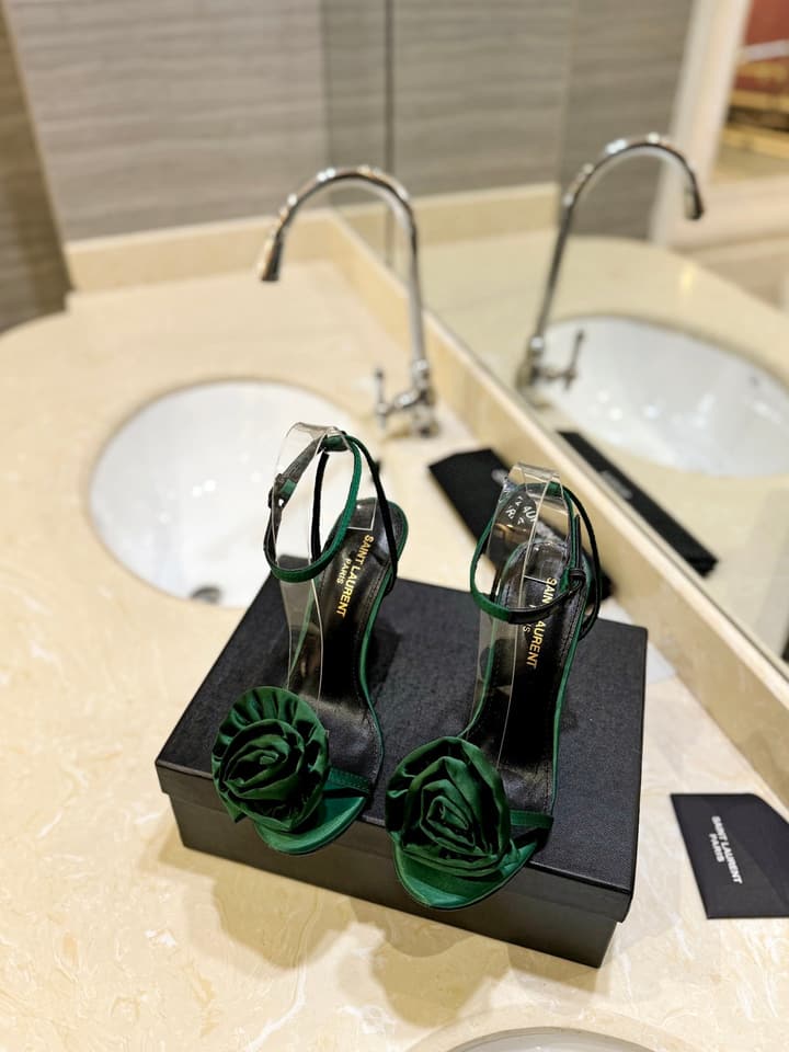 Saint Laurent YSL Flower Buckle Heeled Sandals in Black