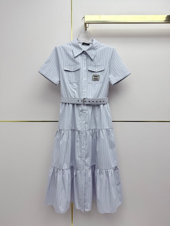 Miu Miu Striped Short-Sleeve Tiered Dress – Spring/Summer Collection in Light Blue