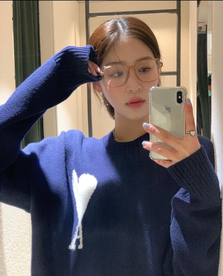AMI Paris Heart Letter Knit Sweater in Deep Navy Blue