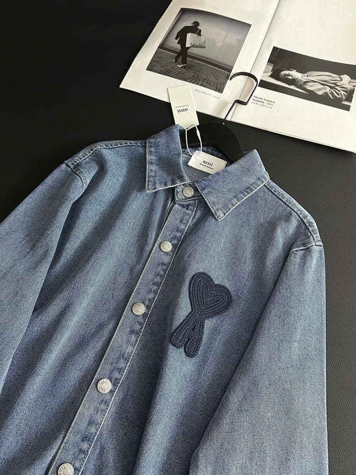 AMI Paris Heart Embroidery Distressed Denim Jacket in Distressed Blue Denim