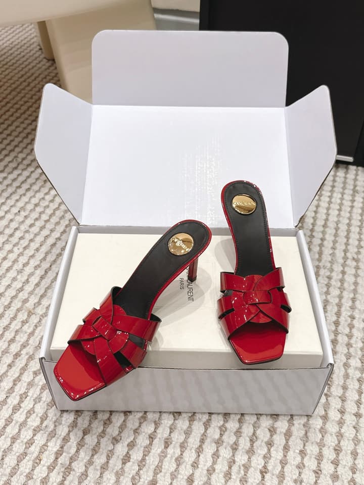 Saint Laurent Melody Square-Toe Heeled Sandals – 2026 Spring/Summer Collection in Beige Patent