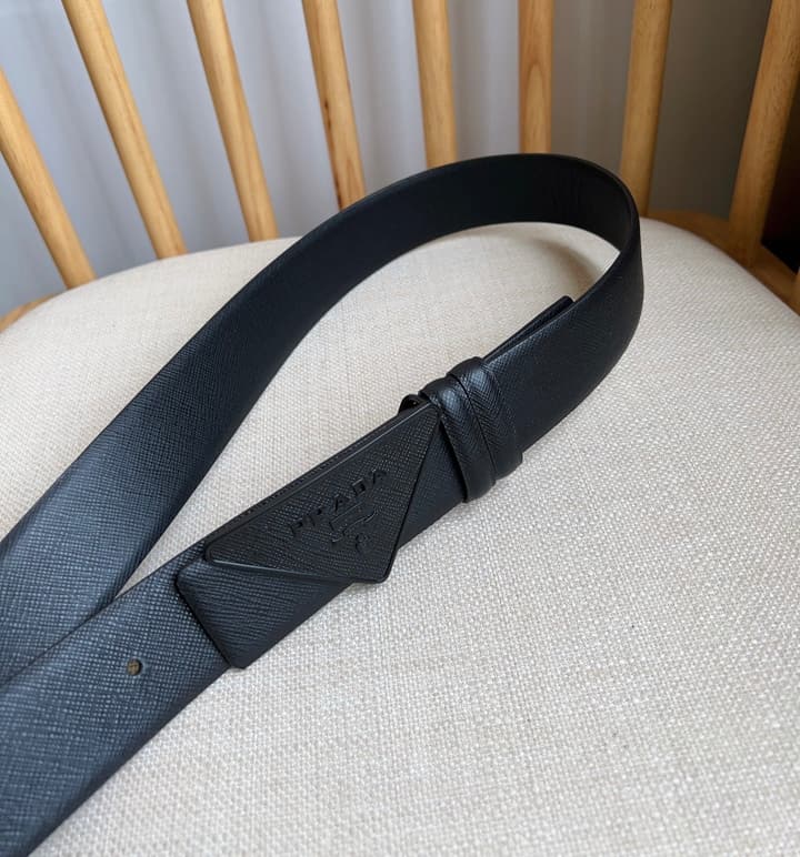 Prada Triangle Logo Buckle Belt in Black Textured Leather With Black Buckle