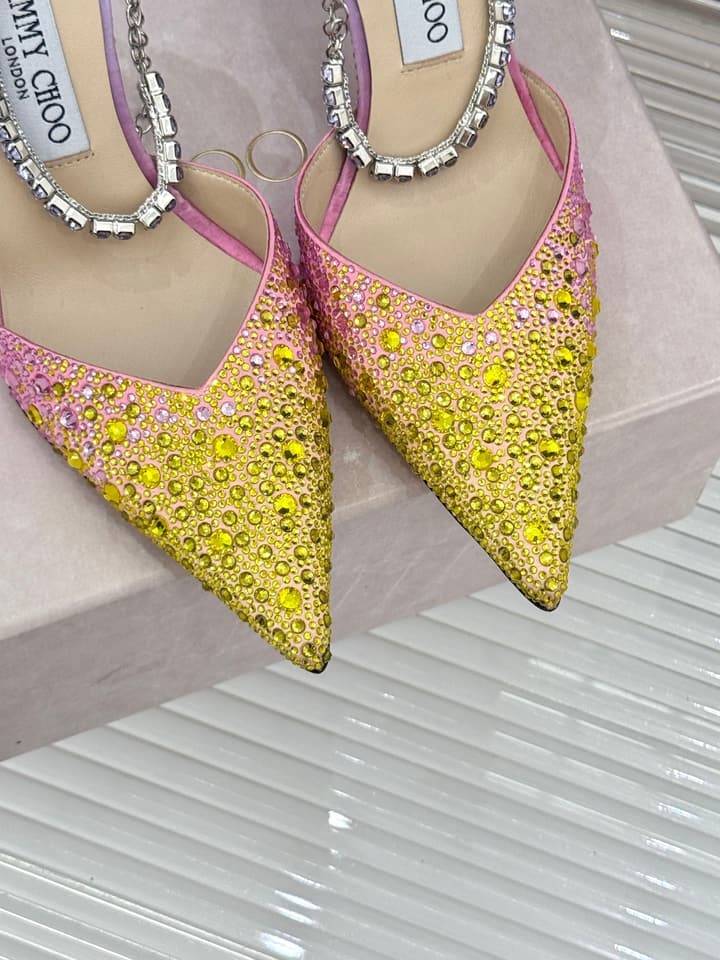 Jimmy Choo Classic Crystal Pointed High-Heeled Sandals in Lavender Yellow Ombre