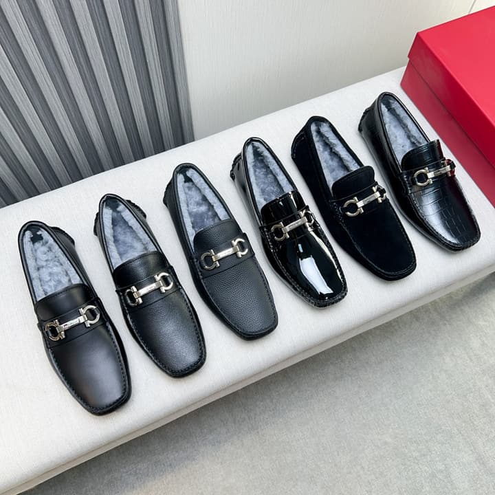 Ferragamo Imported Cowhide Fur-Lined Loafers in Black Patent Leather