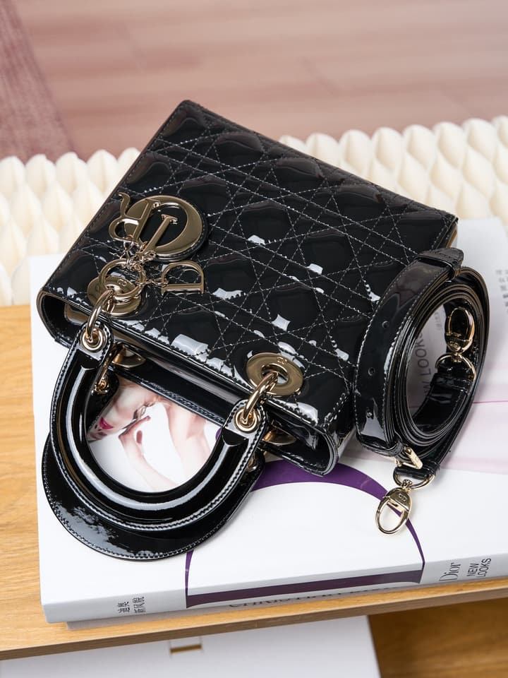 Dior Lady Dior Handbag in Black Patent Leather