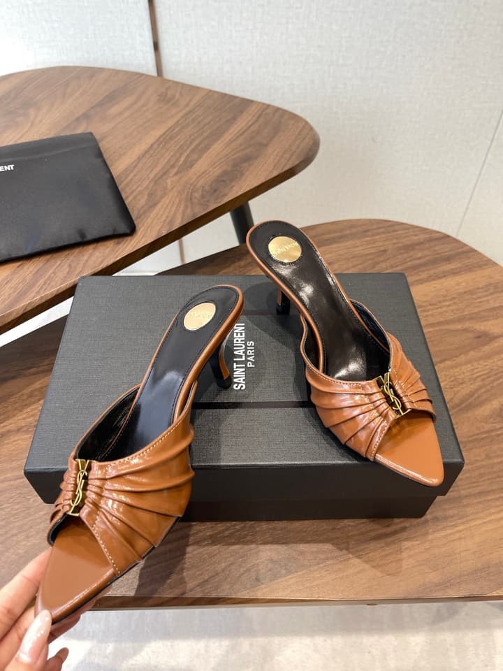Saint Laurent Pointed Toe Stiletto Heeled Sandals – 26SS in Black - Gold Logo Plaque