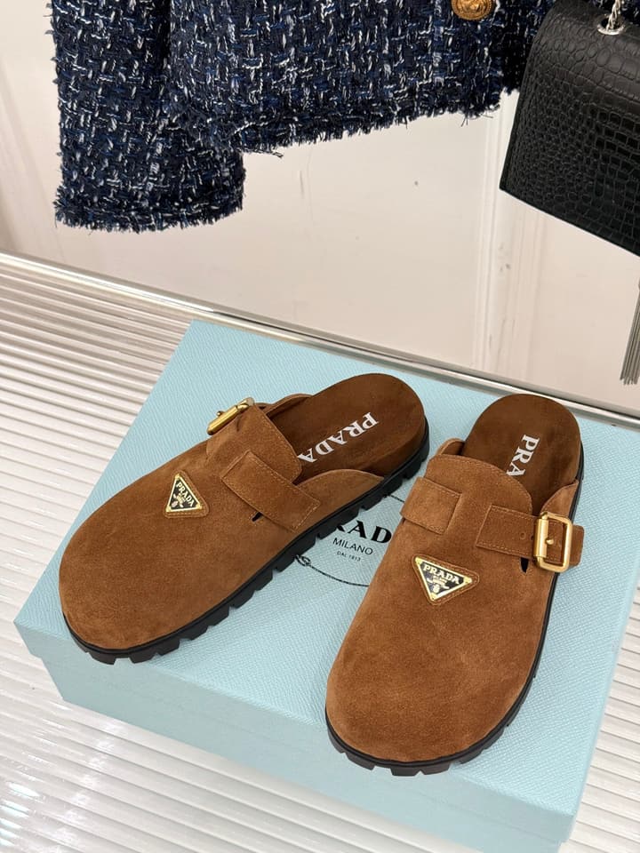 Prada Triangle Logo Birkenstock Slippers – Spring/Summer Collection in Black Suede