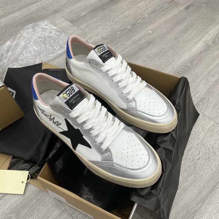 Golden Goose Ball Star Letter Graffiti Sneakers – 2023 Spring Collection in White Silver With Blue Heel And Black Star