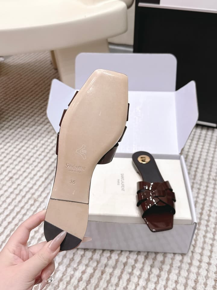 Saint Laurent Melody Square Toe Flat Sandals – 2026SS in Burgundy Patent