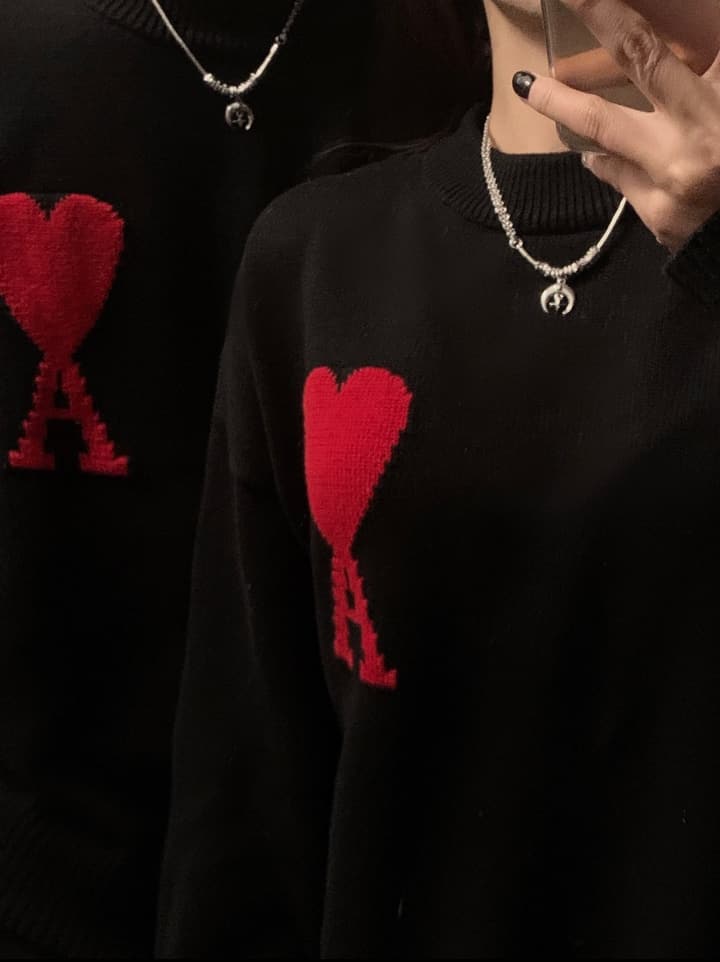 AMI Paris Heart Letter Knitted Sweater in Black With Red Heart