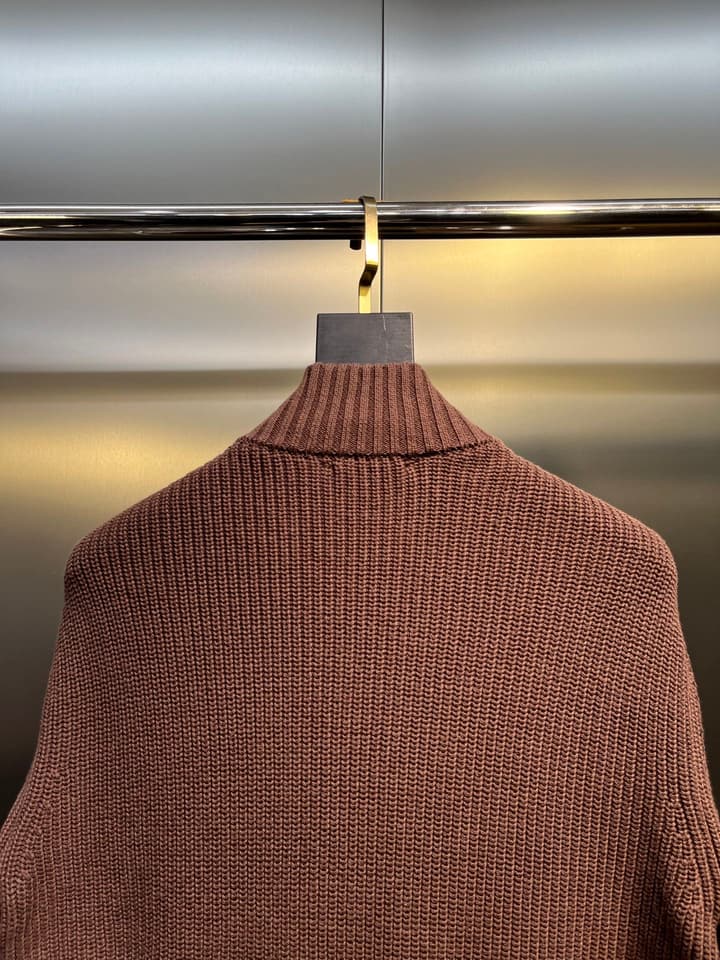 Moncler Knitted Patchwork Stand-Collar Jacket in Dark Brown