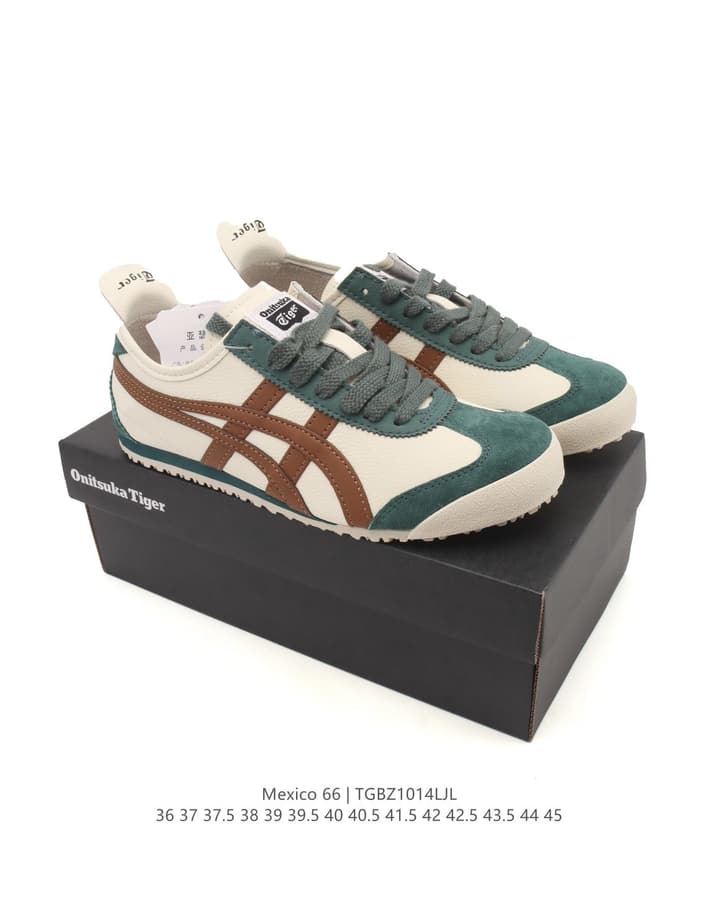 Onitsuka Tiger Mexico 66 Classic Sneakers in Cream With Brown And Dark Green Stripes