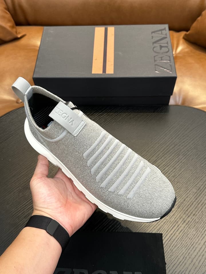 Zegna Techmerino Slip-On Sneakers in Dark Navy With Green Accent