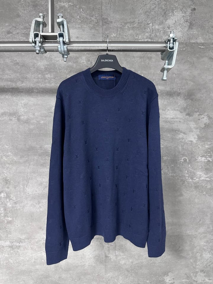 Louis Vuitton Monogram Embroidered Round Neck Sweater in Navy Blue Embroidered Monogram Sweater